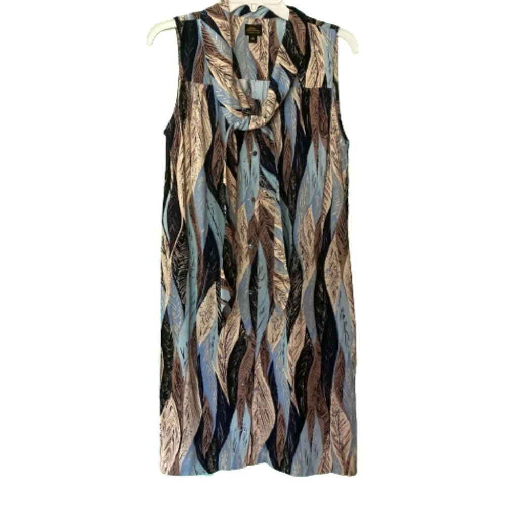 LL Bean Rayon Sleeveless Dress, Size 10 Abstract Leaf Pattern Fabric Tie at Neck